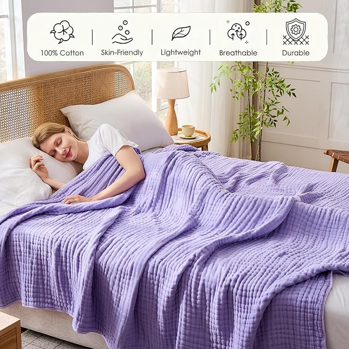 VANJOROY 9-Layer Muslin Throw Blanket 50" x 70" Purple, 100% Cotton Organic Breathable Lightweight Large Throw for Couch Bed Quilt and Bedspread - All Season Muslin Soft Gauze Blanket