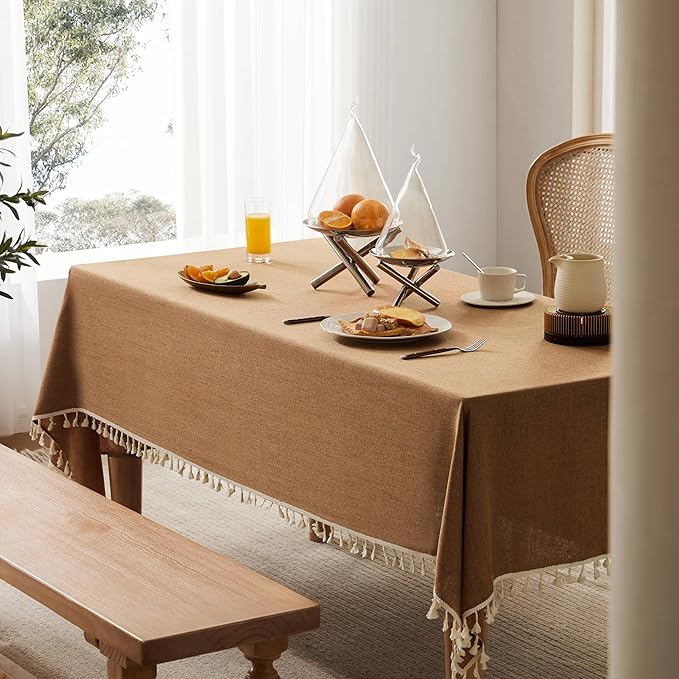 Linen Tablecloth with Tassels, Farmhouse Style Brown Tablecloth, Water Resistant Burlap Tablecloths for Rectangle Table, 60x120 Inch Caramel