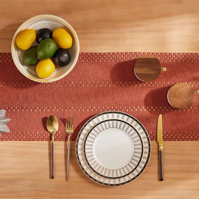ZeeMart Macrame Style Boho Table Runner, Rust Table Runners 48 Inches Long, Farmhouse Woven Home Decor, 12x48 Inch, Rust