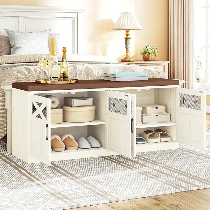 Hzuaneri 2 Tier Shoe Storage Bench with Doors, 47.2" Farmhouse Shoe Bench with Padded Cushion, 12 Pairs of Bed End Bench, Entryway Bench with Storage for Bedroom, Living Room, Rustic White SB61214KA