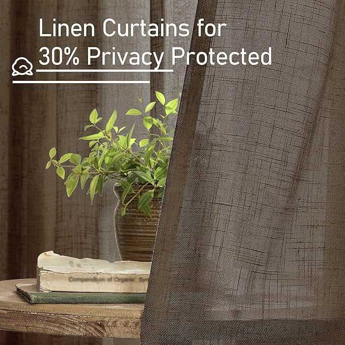 LAMIT Dark Brown 72 inch Linen Curtains for Living Room 2 Panels, Linen Textured Light Filtering Semi Sheer Back Tab and Rod Pocket Farmhouse Curtain Panels for Bedroom/Farmhouse, 52 x 72 Inch