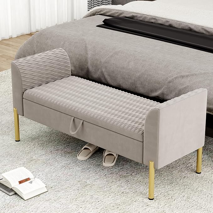 Alunaune Modern Velvet Storage Bedroom Bench End of Bed Bench, Upholstered Armed Entryway Bench Ottoman Settee for Living Room-Grey