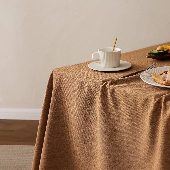 Linen Tablecloth with Tassels, Farmhouse Style Brown Tablecloth, Water Resistant Burlap Tablecloths for Rectangle Table, 60x104 Inch Caramel