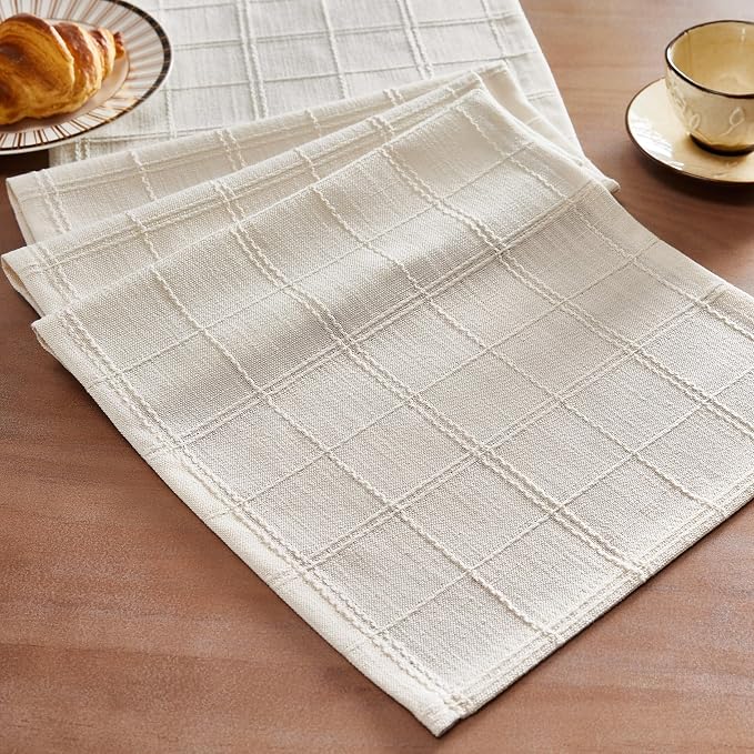 ZeeMart Linen Checked Farmhouse Table Runner, 13x72 Inches Ivory | Raised Grid Design, Rich Woven Texture, Linen Blend Table Runners 72 Inches Long, Machine Washable, Boho Home Kitchen Decor