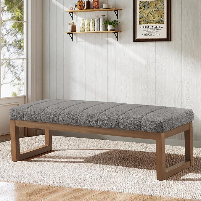 Zihanhome 52.7" Bedroom Bench for End of Bed, Modern Upholstered Teddy Fabric Entryway Bench & Dining Bench, Footrest Stool Bench with Solid Wood Frame for Bedroom, Living Room (Light Grey)