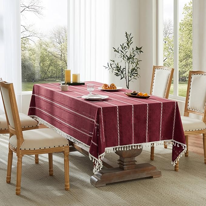 ZeeMart Hemstitched Embroidery Striped Boho Tablecloth 54x54 Inch Burgundy, Heavy Weight Farmhouse Burlap Linen Red Tablecloth, Wrinkle Resistant Washable Table Cloth for Square Table