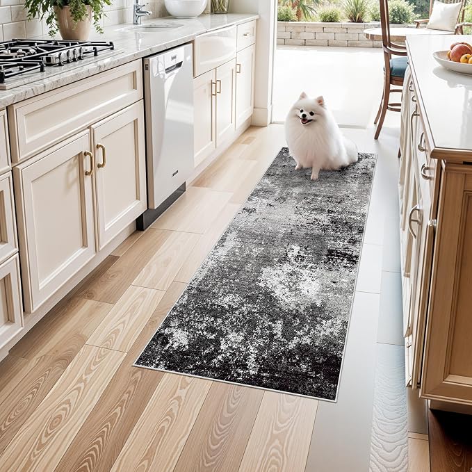 2x5 Washable Kitchen Rug Runner – Non-Slip Abstract Modern Small Rug for Bathroom,Hallway, Bedroom, Laundry Room, Entryway – Soft Low-Pile Thin with Rubber Backing (Black Grey, 2x5)
