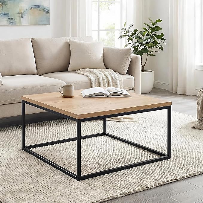 CENSI 30" Square Coffee Table, Natural Oak Light Wood Center Table for Living Room, Modern Industrial Farmhouse Cocktail Table, Extra Thick 1.2" Top with Sturdy Metal Frame, Scandi Style