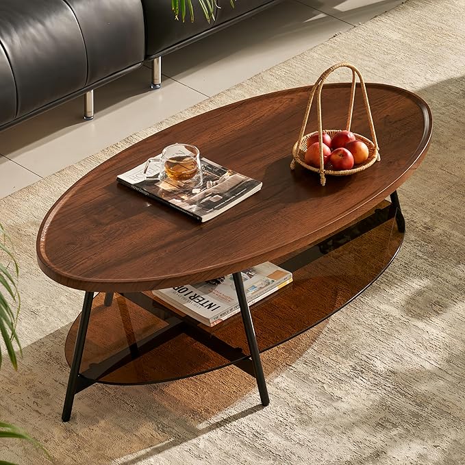 Shrine Glass Coffee Table, Black Walnut Table for Living Room, Glass and Wood Table, 43.3" D x 21.6" W x 15.7" H, Brown Glass Base, Walnut Wood Top&Black Metal Frame