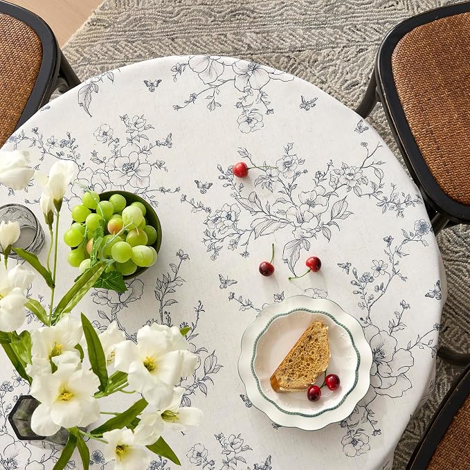 Floral Square Tablecloth 55x55 Inch Linen Table Cloth with Black Flowers Pattern Burlap Textured Farmhouse French Rustic Vintage Outdoor Table Cover for Picnic,Dining,Party,Home Decor