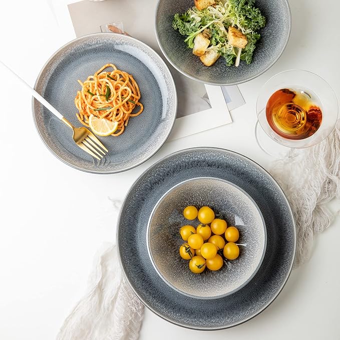 Arora FAIT Round Stoneware 16pc Dinnerware Set for 4, Dinner Plates, Side Plates, Cereal Bowls, Mugs - Reactive Glaze Grey (448158)