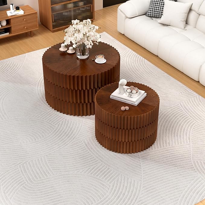 Round Nesting Coffee Table Set of 2 Modern Fluted Coffee Table Walnut Round End Table Small Side Table Circular Coffee Tables Circle Nested Coffee Tables for Living Room (Brown Large)
