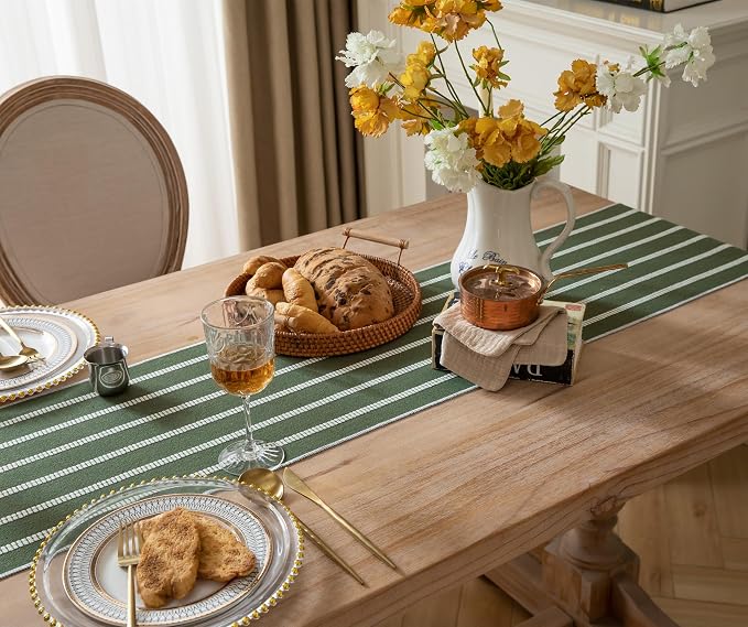 Caflife Boho Table Runner 60 Inchs Long Green, Cotton and Linen Woven with Tassels, for Modern Rustic Farmhouse Neutral Table Runners, Bohemian Kitchen Dining Table Home Decor