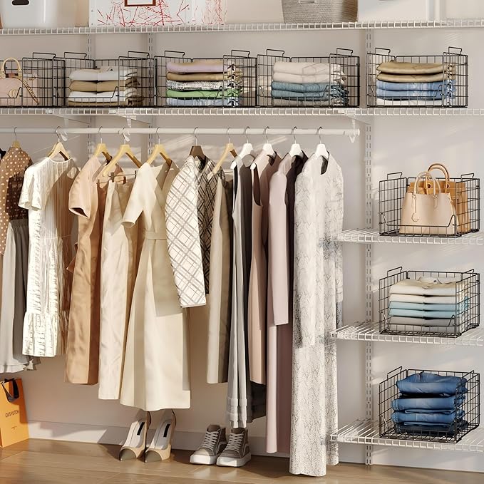 Jakyitvi 5-Tier Stackable Closet Organizer Shelf – Foldable Metal Storage Bins for Clothes, Sweaters & Towels | Stylish Black Wire Baskets for Bedroom, Wardrobe, Dorm or Entryway
