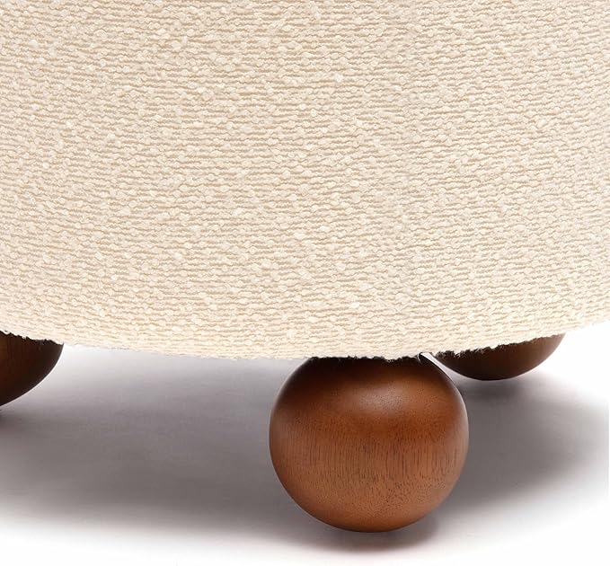 First of a Kind Living Room Ottoman in Cream Boucle - Modern Bedroom Ottoman with Spherical Solid Wood Legs - Fiber-Wrapped Foam - Easy Clean, Minimal Assembly