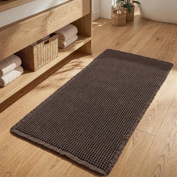 MIULEE Waffle Bathroom Runner Rugs, Super Absorbent Non Slip Bath Rug, Upgraded Soft Quick Dry Washable Boho Long Bath Mat with Tassels for Hallway Laundry Room Bedroom, 2'x4' (24"x48"), Chocolate