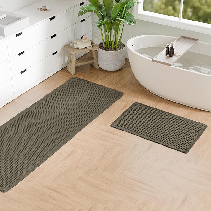 Hiasan Set of 2 Waffle Bath Mat, Super Absorbent Non Slip Bathroom Boho Rug with Tassels, Machine Washable Bath Mats for Bathroom, Ultra Soft Rubber Backed Rug, Grayish Green, 16" x 24" + 24" x 60"