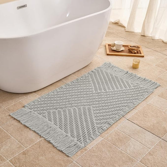 Waffle Bath Mat Non Slip, Boho Bathroom Rug, Super Absorbent Quick Dry Bathroom Mat, Soft Farmhouse Bath Rug with Tassels, Small Washable Shower Mats for Floor 20"x32", Tassels Light Grey