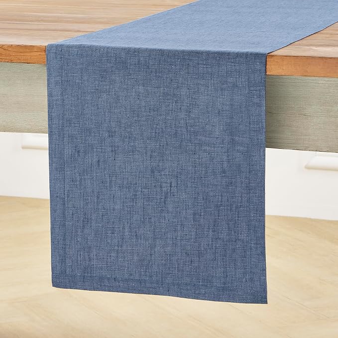 Solino Home Linen Table Runner 120 Inches Long - Athena, 100% Pure Linen Blue Denim Dining Table Runner 14 x 120 Inch for Summer
