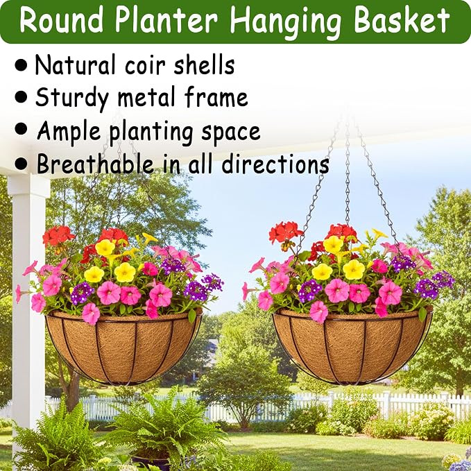 4pcs 14 inch Metal Hanging Baskets Round Wire Plant Stand with Coco Lining Cushion Decorative Planter Hanger Garden Indoor Outdoor Watering Hanging Basket （XG）