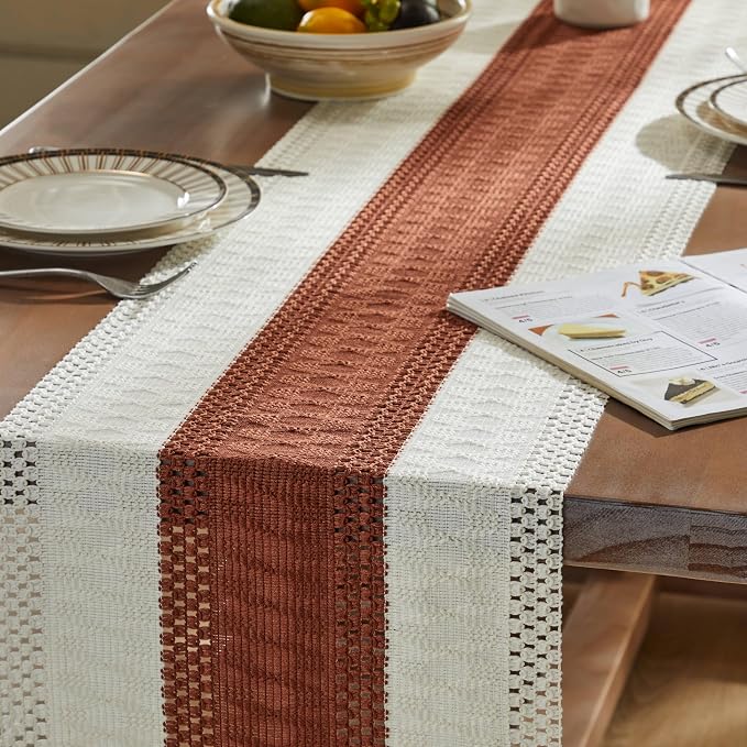 ZeeMart Macrame Style Bicolor Stitching Table Runner, 14 x 48 Inch Terracota/Ivory, Boho Rust Table Runners 48 Inches Long, Farmhouse Woven Home Decor