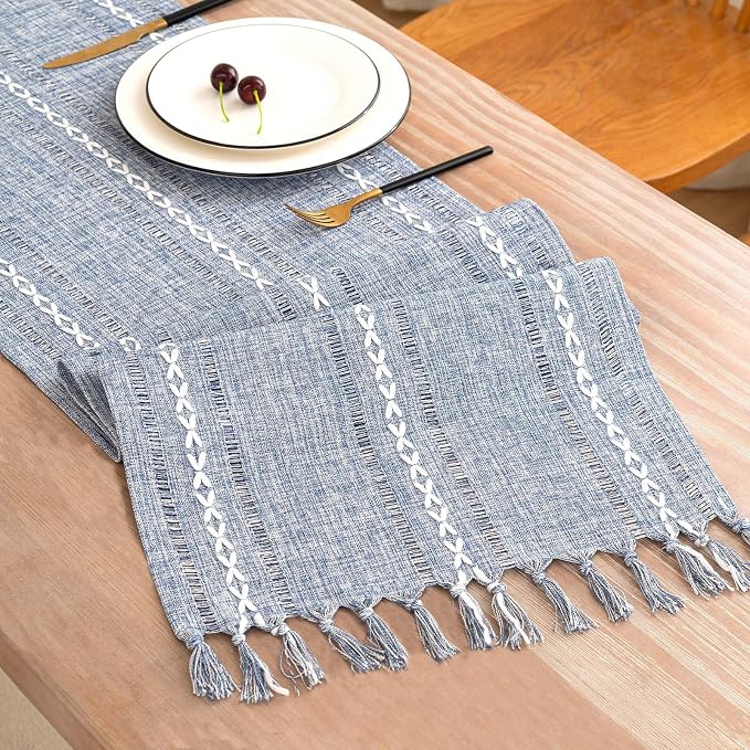Table Runner, Rustic Farmhouse Linen Waterproof Table Runners for Holiday Party, Dresser Decor and Dining Room Decorations-Blue-14 x90, 6-8 Seats