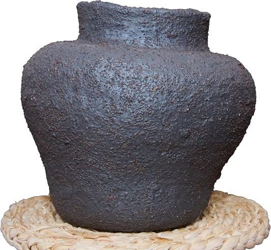 Rustic Wide Mouth Ceramic Flower Vase Vintage Farmhouse Style Decor, Frosted Texture Pottery for Home Decor, Modern Living Room, Office Desk Table Centerpiece (Black) 5.5IN
