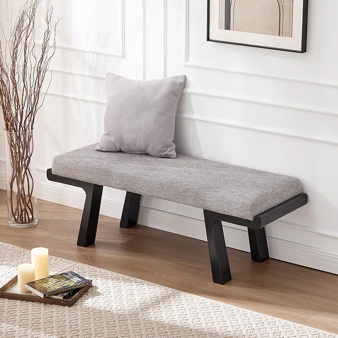 Zesthouse Solid Wood Bench for Bedroom End of Bed, Upholstered Small Entryway Bench with Cushion, 47" Grey Linen Ottoman Bench with Black Wood Legs, Modern Dining Bench Seat, for Indoor Living Room