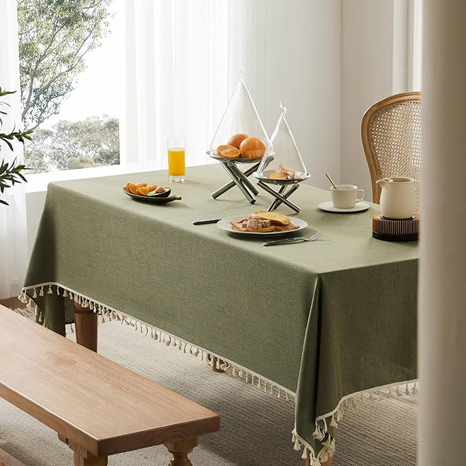 Linen Tablecloth with Tassels, Farmhouse Style Green Tablecloth, Water Resistant Burlap Tablecloths for Rectangle Table, 60x84 Inch Olive