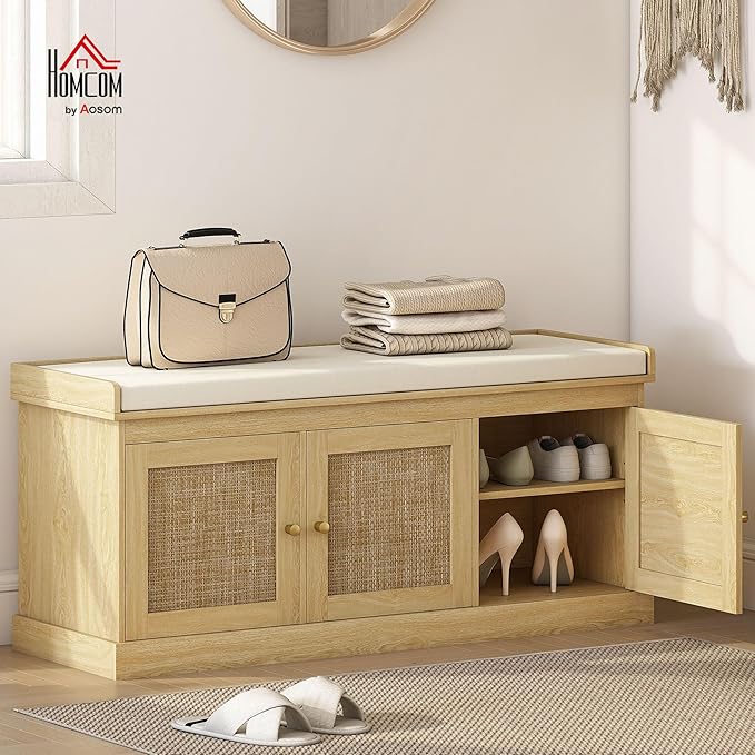 HOMCOM Shoe Bench with Woven Rattan Doors, Shoe Storage Bench with Cushion, Adjustable Shelves for 9 Pairs, Boho Style Entryway Bench for Bedroom, Living Room, 13.8 x 41.3 x 18.5 Inches, Oak Tone