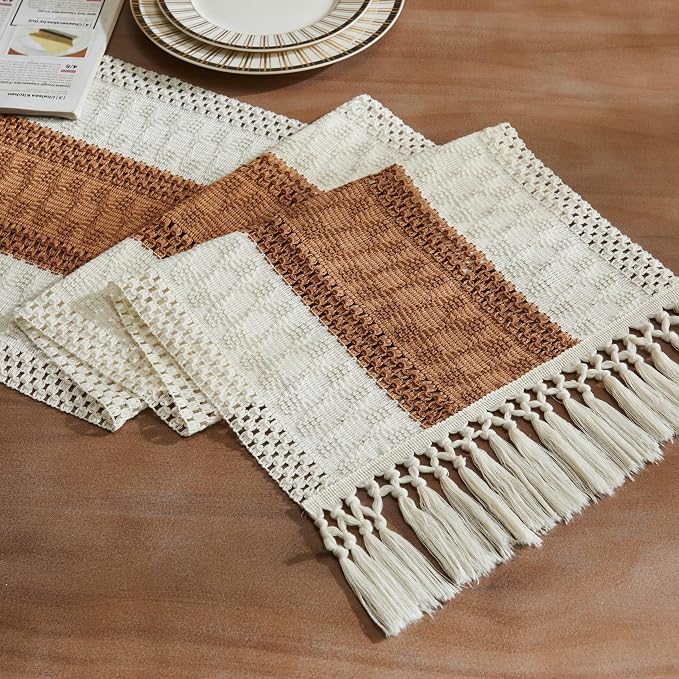 ZeeMart Macrame Style Bicolor Stitching Table Runner, 14 x 72 Inch Caramel/Ivory, Boho Caramel Table Runners 72 Inches Long, Farmhouse Woven Home Decor
