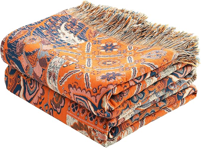 VANJOROY Boho Throw Blanket for Bed Couch 80" x 90", 100% Organic Cotton Skin-Friendly Ultra Soft Quilt Throw - Floral Rustic Living Room Decor Luxury Reversible Blanket for Sofa Chair and Gift