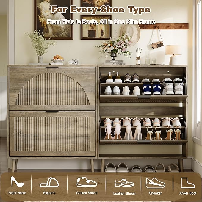 Shoe Storage Cabinet with 2 Flip Drawers, Narrow Wood Shoe Organizer Cabinet with Fluted Panel, Slim Shoe Rack for Entryway, Freestanding Shoe Cabinet for Living Room, Hallway, Grey