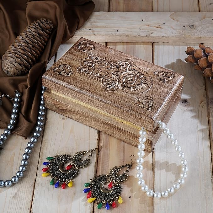 Ajuny Handcrafted Wooden Jewelry Box Hamsa Design Carving Solid Multipurpose Keepsake Storage Travel Organizer Treasure Chest Vintage Decorative Trinket Holder Gifts 8x5 Inch