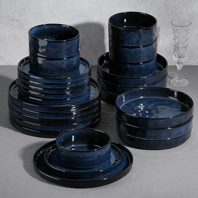 E-far 24-Piece Plates and Bowls Sets with Pasta Bowls - Stoneware Dinnerware Set for 6, Modern Ribbed Dishes, Microwave & Dishwasher Safe, Starry Blue
