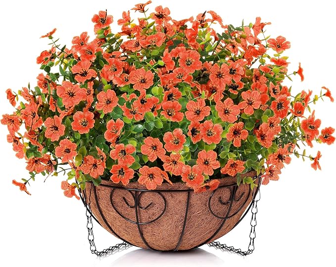 HyeFlora Artificial Fake Fall Hanging Plants Flowers Basket for Outdoor Decor, Faux Silk Orange Mums Daisy in Planter Look Real UV Resistant for Autumn Porch Home Patio Garden Yard Decoration
