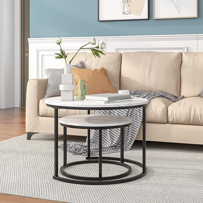 HOJINLINERO Round Coffee Table,Nesting Coffee Table Set of 2,Center Tables for Living Room,Office, Home Small Space,Stacking Side Tables,Sturdy and Easy Assembly,Wood Desktop,Black+White,Large