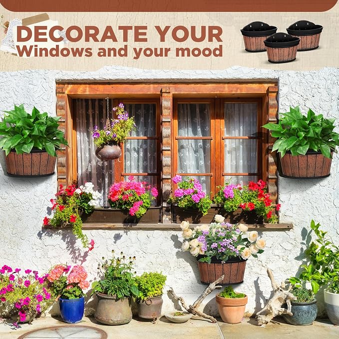 Layhit 6 Pcs Wall Hanging Planters Outdoor Pot Planter Wine Barrel Planter Distressed Oak Thickened Plastic Water Storage Flower Pots for Flower Indoor Outdoor(12 Inches, 10 Inches,Brown)