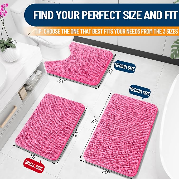 OLANLY Toilet Rugs U-Shaped 24x20, Extra Soft Absorbent Chenille Contour Bathroom Rugs for Toilet, Dry Quickly, Machine Washable, Non-Slip Bath Mat, Hot Pink
