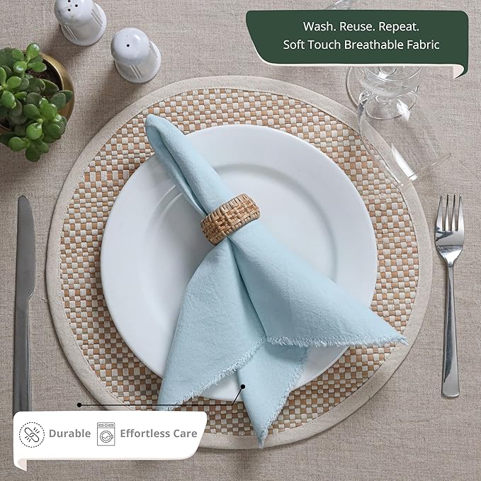 Palisa Premium Cotton Dinner Napkins Set of 4 | Light Blue Frayed Edge Rustic Farmhouse Table Linen | Soft Washable Long Lasting Durable Cloth Serviettes for Wedding Dining Decor 18x18 Inch