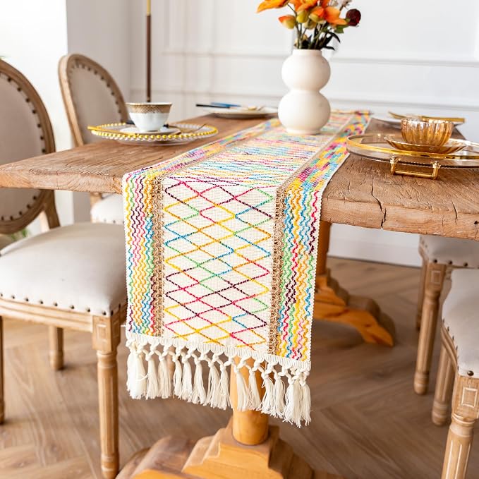 EMMTEEY Macrame Table Runner Boho Style - Scratch & Heat Resistant, Hexagonal Grid Cotton Linen Table Runner with Tassels for Home Decor/Bedroom (12"X108", Colorful)