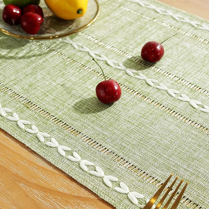 Rustic Farmhouse Style Linen Table Runner, Boho Handmade Tassel Embroidered Small Table Runners 48 Inches Long for Holiday Party, Christmas and Dining Decorations, 13 inchW X 48 inchL - Sage Green