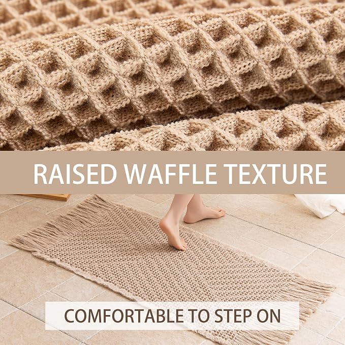 Waffle Bath Mat Non Slip, Boho Bathroom Rug, Super Absorbent Quick Dry Bathroom Mat, Soft Farmhouse Bath Rug with Tassels, Small Washable Shower Mats for Floor 20"x32", Tassels Brown