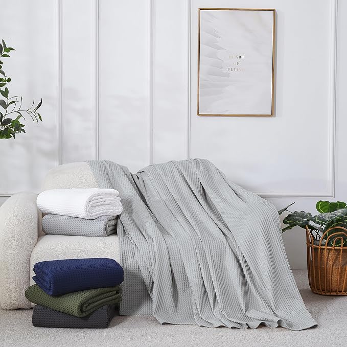 100% Egyptian Cotton Waffle Weave Blanket Queen Size for Bed, 320 GSM - Breathable and Soft for Spring Summer, Lightweight All Season Bed Blanket for Couch, Sofa (90x90 Inches, Light Grey)