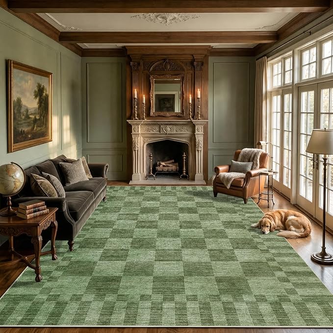 GarveeHome 8×10 Area Rugs for Living Room,Moss Green Checkered Rug，Modern Non-Slip Washable Farmhouse Geometric Checkerboard Rugs for Bedroom Dining Room Office