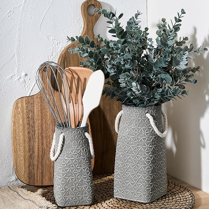 Vaseking Elegant Petite Vase, 7 inch Ceramic Modern Minimalism Geometric Texture Purse Vase with Hanging Rope, Creative Tote Bag Vases for Home Decor, Living Room, Wedding, Bookshelf Decor, Gray