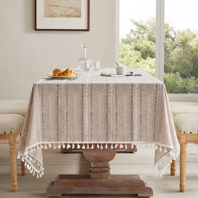 ZeeMart Hemstitched Embroidery Striped Boho Tablecloth 60x60 Inch Natural, Heavy Weight Farmhouse Burlap Linen Neutral Tablecloth, Wrinkle Resistant Washable Table Cloth for Square Table