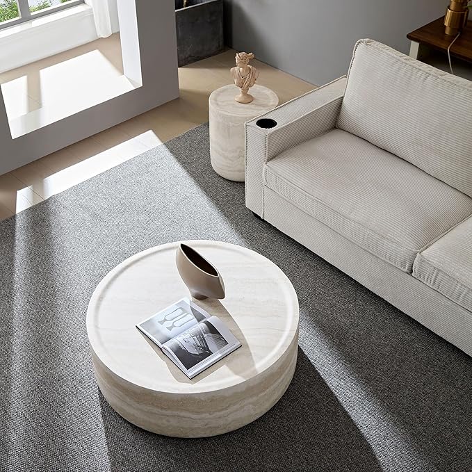 Round Side Table Small Coffee Table French Country Rustic Side Table End Table for Living Room Light Gray,No Assembly