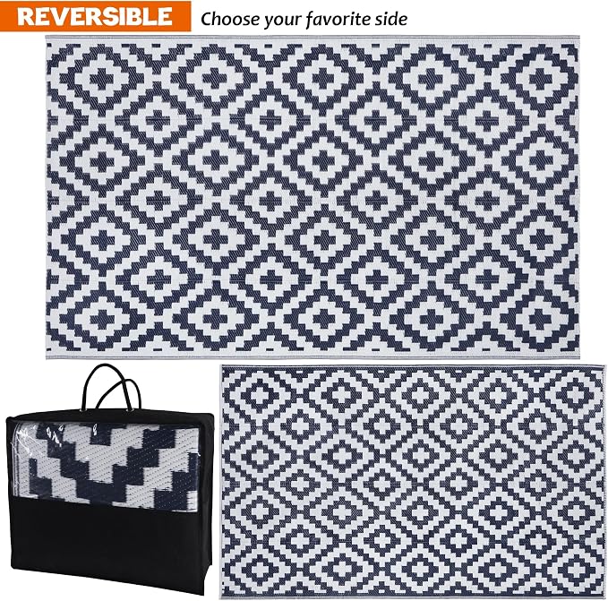 SAND MINE Reversible Mats, Plastic Straw Rug, Modern Area Rug, Large Floor Mat and Rug for Outdoors, RV, Patio, Backyard, Deck, Picnic, Beach, Trailer, Camping, Dark Blue & White, 5' x 8'