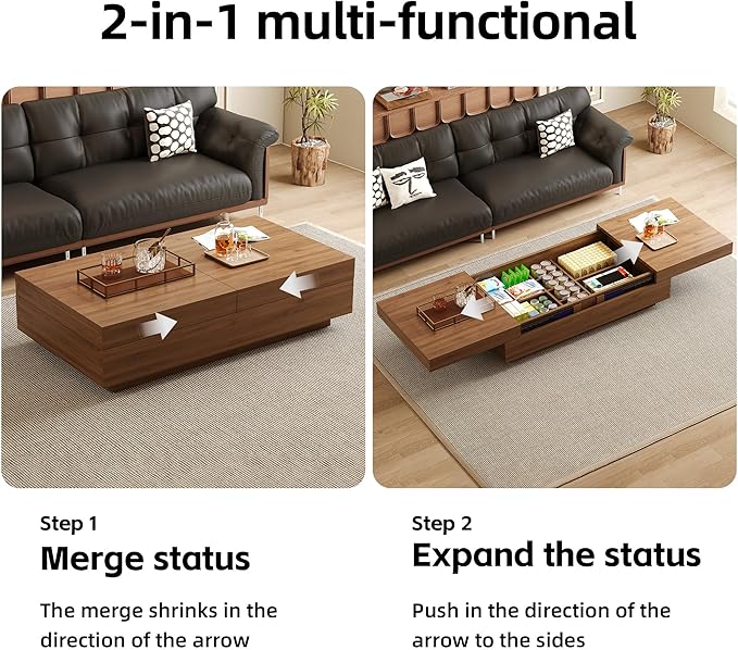 Mid-Century Modern Expandable Coffee Table, 47.2"-81.8" Adjustable Walnut Center Table with Large Hidden Storage for Living Room